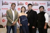 Worldwide Media CEO Deepak Lamba, actress Alia Bhatt, director Karan Johar and Filmfare editor Jitesh Pillai during the launch event of the 62nd Jio Filmfare Awards 2017 in Mumbai on Dec 23, 2016.