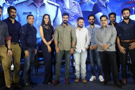 Telugu movie Dhruva success meet. Actor Ram Charan and actress Rakul Preet Singh Salutes the Audience.