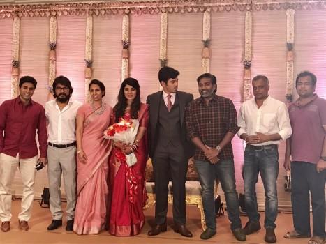 Kollywood actor Ashwin and Sonali wedding reception held in Chennai. Celebs like Vijay Sethupathi, Venkat Prabhu, Premgi Amaren, Ramya, Anjana Rangan, Chandran, Lakshmi Priyaa, Vishnu Varadhan, Madhan Karky, Gautham Menon, Shanthnu, Bala Saravanan, Dhananjayan Govind, Karunakaran, Guru Somasundaram and others graced the event.