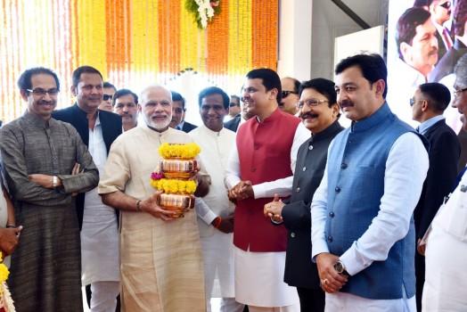 Prime Minister Narendra Modi on Saturday travelled in an Indian Coast Guard hovercraft to perform a symbolic 'jal-pujan' for the proposed Rs 3,600 crore memorial of Chhatrapati Shivaji Maharaj.