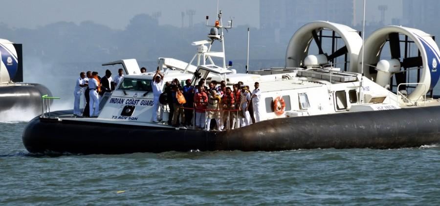 Prime Minister Narendra Modi on Saturday travelled in an Indian Coast Guard hovercraft to perform a symbolic 'jal-pujan' for the proposed Rs 3,600 crore memorial of Chhatrapati Shivaji Maharaj. Narendra Modi,PM Narendra Modi,Modi,Bhoomi Pooja,Shivaji statue,ShivSmarak,Shiv Smarak,Shivaji statue in Mumbai,Chhatrapati Shivaji Maharaj,jal-pujan