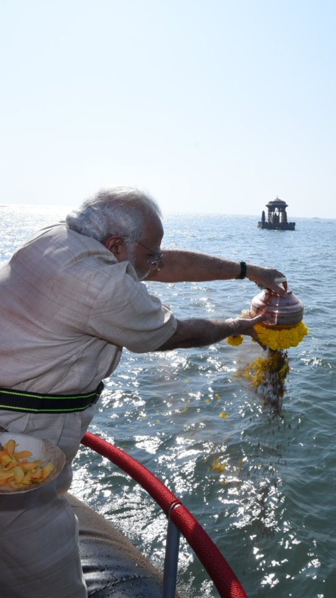Prime Minister Narendra Modi on Saturday travelled in an Indian Coast Guard hovercraft to perform a symbolic 'jal-pujan' for the proposed Rs 3,600 crore memorial of Chhatrapati Shivaji Maharaj. Narendra Modi,PM Narendra Modi,Modi,Bhoomi Pooja,Shivaji statue,ShivSmarak,Shiv Smarak,Shivaji statue in Mumbai,Chhatrapati Shivaji Maharaj,jal-pujan