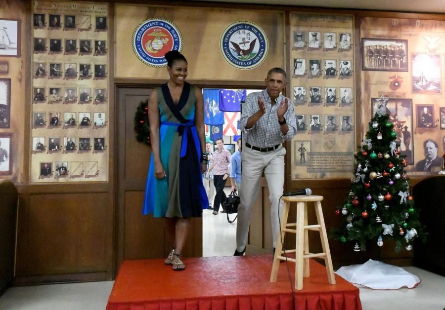 U.S. President Barack Obama and First Lady Michelle Obama visit U.S. Marines and personnel on Christmas day at Marine Corps Base Hawaii during his Christmas holiday vacation in Kailua, Hawaii, December 25, 2016. Barack Obama,Barack Obama final Christmas,Barack Obama tribute to the troops,Barack Obama tribute to troops,U.S. President Barack Obama,Marine Corps Base,Barack Obama Christmas holiday