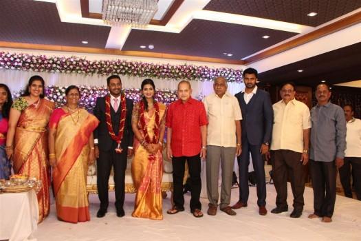 Tollywood movie producer Padmalaya Sakhamuri Mallikarjuna Rao daughter Jayalakshmi and Vinay Kumar Chowdhary wedding reception held at FNCC, Film Nagar in Hyderabad. Celebs like Krishna, Dasari Narayana Rao, C Kalyan, KS Rama Rao and others graced the event.