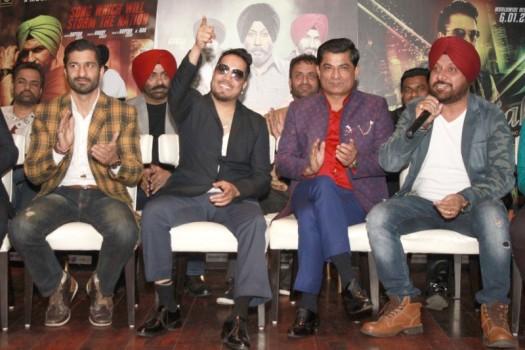 Mika Singh and star cast and crew during the promotion of Punjabi movie Sardar Saab in New Delhi on Dec 26,2016.