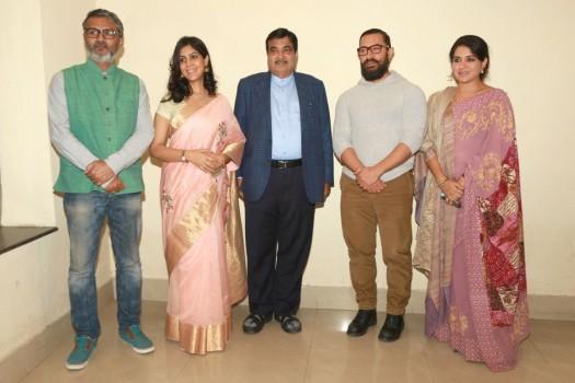 Union Minister for Road Transport and Highways Nitin Gadkari, BJP leader Shaina NC, actors Aamir Khan, Sakshi Tanwar and director Nitesh Tiwari during a special screening of film 