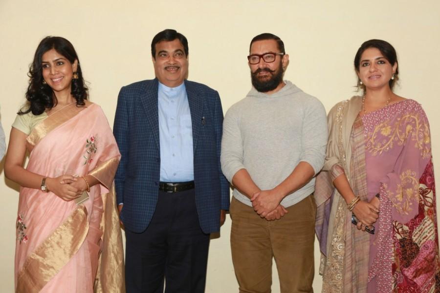Union Minister for Road Transport and Highways Nitin Gadkari, BJP leader Shaina NC, actors Aamir Khan and Sakshi Tanwar during a special screening of film "Dangal" in New Delhi on Dec 27, 2016. Aamir Khan,Nitin Gadkari,Shaina NC,Union Minister for Road Transport,Dangal Special screening,Dangal movie Special screening,Dangal Special screening pics,Dangal Special screening images,Dangal Special screening photos,Dangal Special screening stills,Dang
