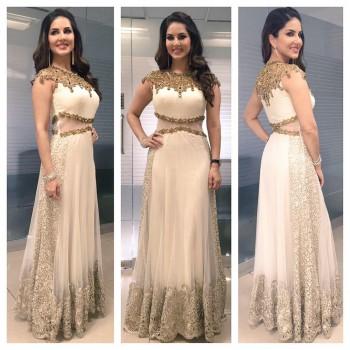 Sunny wore Fusion gown enhanced with jewellery neckline created by Designer Sujata & Sanjay