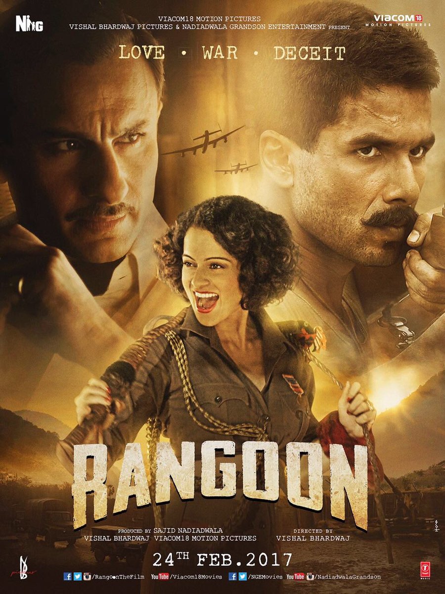 After releasing 3 impressive and intriguing posters, the makers unveiled the trailer to the much awaited flick of 2017, Rangoon! All 3 lead actors of Rangoon, Saif Ali Khan, Kangana Ranaut and Shahid Kapoor are known for their acting skills and have delivered breathtaking performances in their careers. Saif Ali Khan,Shahid Kapoor,Kangana Ranaut,Rangoon first look poster,Rangoon poster,Rangoon first look,Rangoon movie poster,Bollywood movie Rangoon,Rangoon pics,Rangoon images,Rangoon photos,Rangoon stills,Rangoon pictures