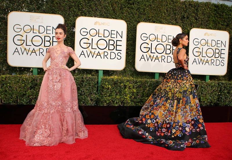 Actresses Lily Collins (L) and Olivia Culpo arrive at the 74th Annual Golden Globe Awards Golden Globe Awards,Golden Globe Awards 2017,Golden Globe Awards red carpet,Golden Globe Awards 2017 red carpet,Emma Stone,Viola Davis,Blake Lively,Amy Adams,Mandy Moore