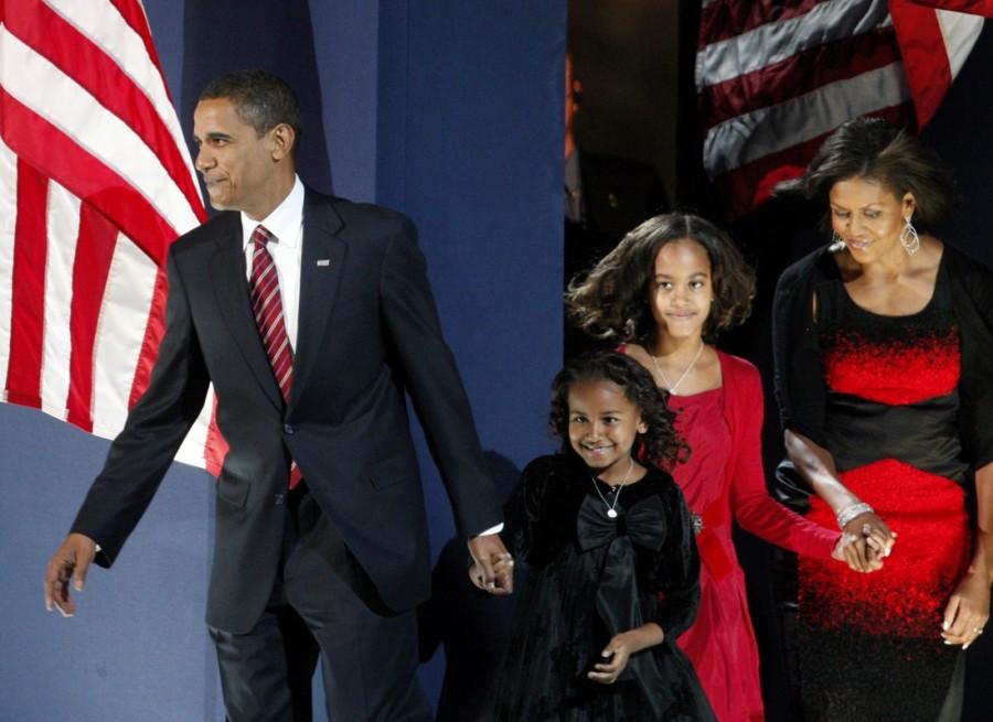 U.S. President-elect Senator Barack Obama (D-IL) comes onto the stage with (L-R) his two daughters, Sasha and Malia, and his wife Michelle to speak to supporters during his election night rally after being declared the winner of the 2008 U.S. Presidential Campaign in Chicago November 4, 2008. Barack Obama,barack obama farewell,US President Barack Obama,Barack Obama eight years journey,Barack Obama eight years journey pics,Barack Obama eight years journey images,Barack Obama eight years journey photos,Barack Obama eight years journey stills,Bar