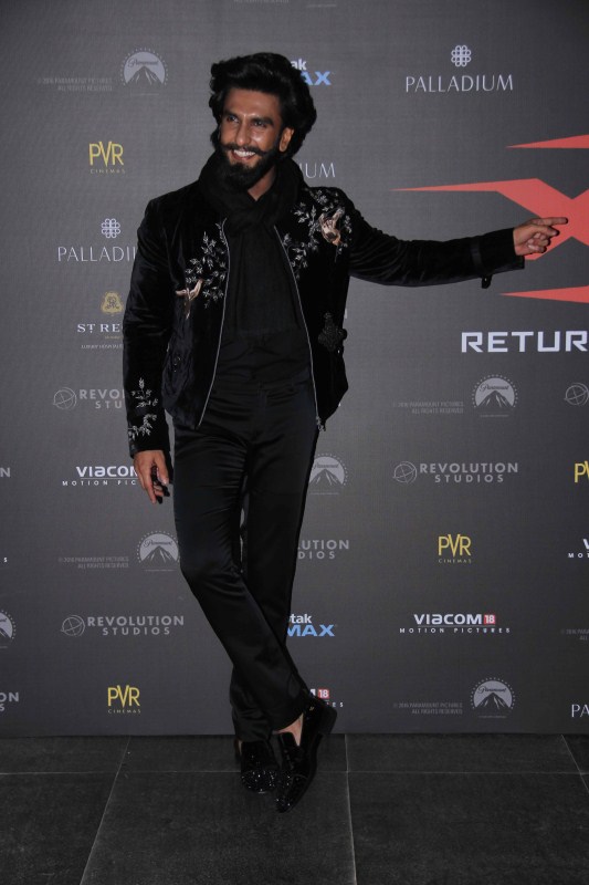Bollywood actor Ranveer Singh spotted during the premiere of film XXX: Return of Xander Cage in Mumbai. XXX: Return of Xander Cage,XXX: Return of Xander Cage special screening,Vin Diesel,Shahid Kapoor,Ranveer Singh,Urvashi Rautela,Diana Penty,Richa Chadha,Kriti Sanon,Irrfan Khan,Neil Nitin Mukesh,Jackky Bhagnani,Neetu Chandra,Karan Johar