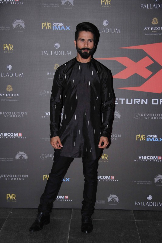 Bollywood actor Shahid Kapoor spotted during the premiere of film XXX: Return of Xander Cage in Mumbai. XXX: Return of Xander Cage,XXX: Return of Xander Cage special screening,Vin Diesel,Shahid Kapoor,Ranveer Singh,Urvashi Rautela,Diana Penty,Richa Chadha,Kriti Sanon,Irrfan Khan,Neil Nitin Mukesh,Jackky Bhagnani,Neetu Chandra,Karan Johar
