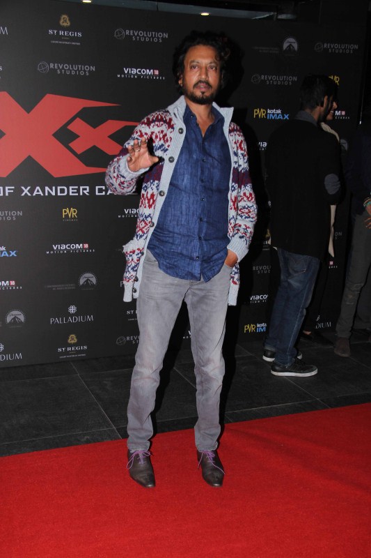 Bollywood actor Irrfan Khan spotted during the premiere of film XXX: Return of Xander Cage in Mumbai. XXX: Return of Xander Cage,XXX: Return of Xander Cage special screening,Vin Diesel,Shahid Kapoor,Ranveer Singh,Urvashi Rautela,Diana Penty,Richa Chadha,Kriti Sanon,Irrfan Khan,Neil Nitin Mukesh,Jackky Bhagnani,Neetu Chandra,Karan Johar