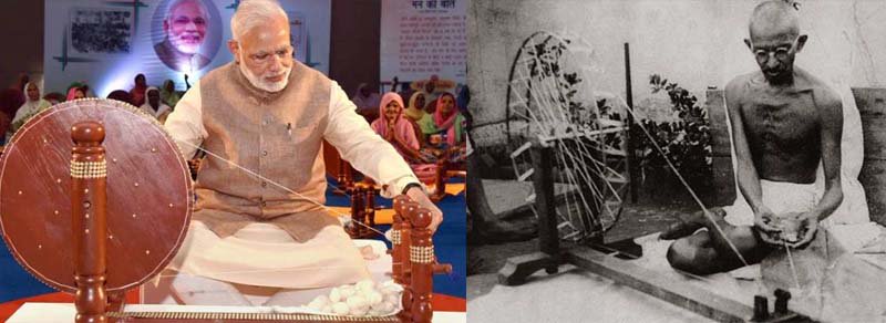 In a surprise development, Prime Minister Narendra Modi has aejected Father of the Nation Mahatma Gandhi in the 2017 wall calendars and table diaries published by the Khadi Village Industries Commission (KVIC), official sources said here on Thursday.
