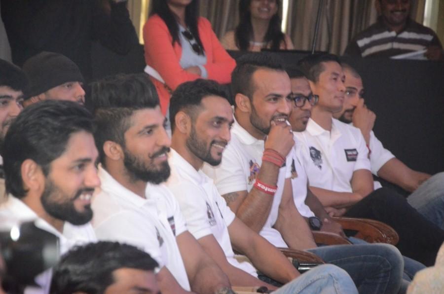 Participants of Super Fight League during a programme in Mumbai, on Jan 13, 2017 Super Fight League is a Mixed Martial Arts competition. Ajay Devgan & Arjun Rampal,Ajay Devgan,Arjun Rampal,Super Fight League programme,Super Fight League,Mixed Martial Arts competition,Mixed Martial Arts