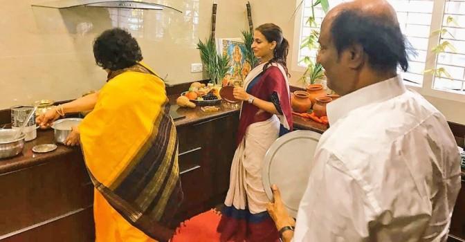 South Indian Superstar Rajinikanth celebrates Pongal festival with family.