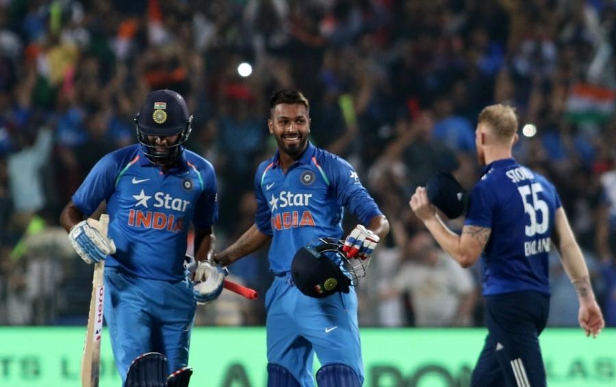 Kohli, who thus enjoyed a victorious start to his stint as India's limited-overs captain, plundered 122 runs over 105 deliveries, hitting eight boundaries and five sixes. Jadhav smashed 120 runs over a whirlwind 76-ball innings that included 12 boundaries and four sixes. He fell to pacer Jake Ball while attempting another big hit. Hardik Pandya then scored an unbeaten 40 off 37 balls to ensure that India crossed the line with three wickets and 1.5 overs to spare. India vs England,India vs England 2017,India vs England score,India vs England first one-day international,Virat Kohli,Kedar Jadhav,Maharashtra Cricket Association Stadium,three-wicket victory,Ind vs Eng