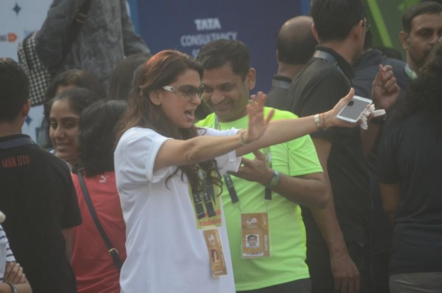 Bollywood actress Juhi Chawla spotted during the Mumbai Marathon 2017 on Jan 15, 2017. John Abraham,Juhi Chawla,John Abraham at Mumbai Marathon 2017,Juhi Chawla at Mumbai Marathon 2017,Mumbai Marathon 2017,Mumbai Marathon,celebs at Mumbai Marathon,Mumbai Marathon pics,Mumbai Marathon images,Mumbai Marathon photos,Mumbai Marathon stills,Mumb