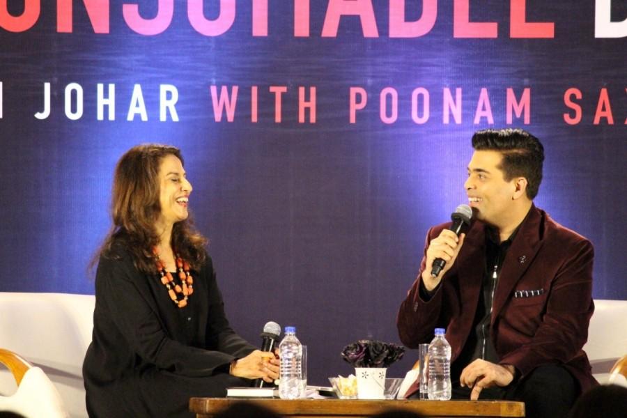 Filmmaker Karan Johar with Columnist Shobhaa De during the launch of his biography An Unsuitable Boy co-authored by Poonam Saxena in Mumbai on Jan 16, 2017. Sharukh Khan,actor Sharukh Khan,Karan Johar,Karan Johar's biography,An Unsuitable Boy,Poonam Saxena,Shah Rukh Khan,actor Shah Rukh Khan,SRK