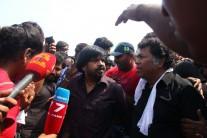 South Indian actor T. Rajendar joins protest against Jallikattu ban at Marina beach.