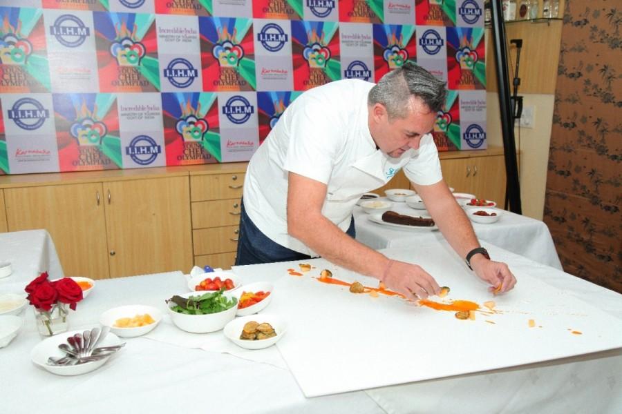 Chef Shaun Kenworthy also demonstrated styling of a savoury and dessert during the curtain raiser. Mr. Suresh Hinduja, an acclaimed food critic, was also present the event. Curtain Raiser,Young Chef Olympiad 2017,IIHM,Chef Abhijit Saha,Avant Garde,Shaun Kenworthy,Shalini Khanna Charles,Curtain Raiser of Young Chef Olympiad 2017