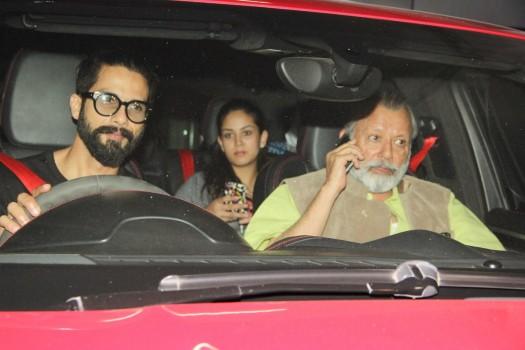 Bollywood actor Shahid Kapoor with family and others spotted at Sunny Super Sound for a special screening of Rangoon.