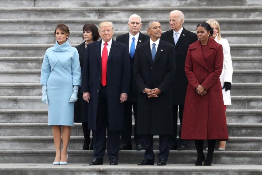 (L - R) First Lady Melania Trump, Karen Pence, President Donald Trump, Vice President Mike Pence, former president Barack Obama, former vice president Joe Biden, Michelle Obama and Jill Biden stand on the steps of the Capitol. Donald Trump,Presidential inauguration,Donald Trump inauguration,45th president of America,Donald Trump as 45th president of America,Donald Trump inauguration pics,Donald Trump inauguration images,Donald Trump inauguration photos,Donald Trump inauguration