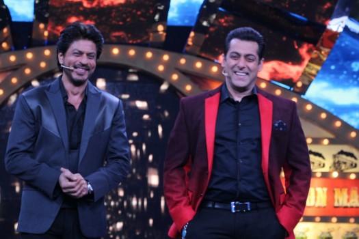 Bollywood actors Shah Rukh Khan with Salman Khan on the sets of Bigg Boss season 10 during the promotion of film Raees in Lonavala on January 20, 2017.