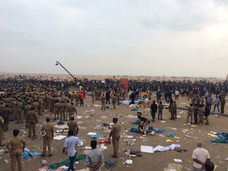 The police physically pulled out the protesters who were sitting at the protest venue. The scene reminded of a 'tug-of-war' game but without ropes as protesters held back the colleagues who were being pulled out by the police. In Coimbatore, police-women and -men, pounced on a protestor who stood up with a kerosene canister and threatened to self-immolate. They were successful in taking away the inflammable liquid. Police evict Jallikattu protesters,Jallikattu protesters,Jallikattu protester,jallikattu protest,Marina beach,Marina,Jallikattu protesters at Marina beach,Jallikattu,Jallikattu Ban