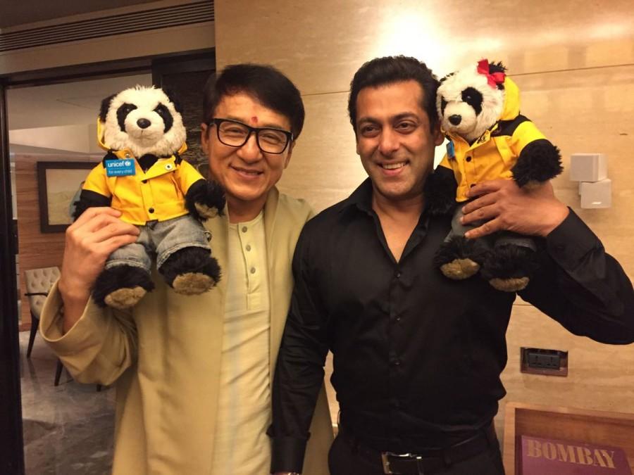 Legendary action star Jackie Chan, who is here to promote his forthcoming film "Kung Fu Yoga", met Bollywood superstar Salman Khan, during his visit. Salman posted a photograph with the "Rush Hour" star from their meeting on Monday. The image shows the two actors posing with two stuffed panda toys, sharing a light moment for the camera. Previously, Salman had thanked Chan on Twitter for offering this film to his "Dabangg" co-star Sonu Sood. Sonu had replied to the "Bajrangi Bhaijaan" star by tweeting: "Bhai Salman Khan I have an unusual power-packed surprise for you. See you soon in India... Pandeji Hum aah rahe hai. Jackie Chan." "Kung Fu Yoga" is part of the three-film agreement signed between China and India during Chinese President Xi Jinping's recent visit to India. Jackie Chan meets Salman Khan,Jackie Chan and Salman Khan,Jackie Chan,Salman Khan,Jackie Chan with Salman Khan