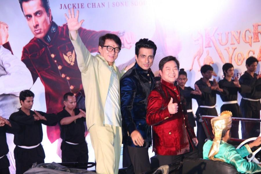Hollywood actor Jackie Chan, Bollywood actor Sonu Sood and filmmaker Stanley Tong. Hollywood actor Jackie Chan,filmmaker Stanley Tong,Salman Khan,Shilpa Shetty,Sonu Sood,Amyra Dastur,Disha Patani,Miya Muqi,Kung Fu Yoga,Kung Fu Yoga press conference