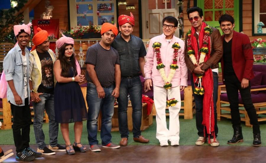Hollywood actor Miya Muqi, Bollywood actor Amyra Dastur, Hong Kong filmmaker Stanley Tong, Bollywood actor Disha Patani, Hollywood actor Jackie Chan and Bollywood actor Sonu Sood during the promotion of film Kung Fu Yoga on the sets of The Kapil Sharma Show in Mumbai on January 23, 2017. Jackie Chan and Sonu Soon,Jackie Chan,Sonu Soon,Kung Fu Yoga,The Kapil Sharma Show,The Kapil Sharma Show on the sets,Stanley Tong,Disha Patani,Amyra Dastur