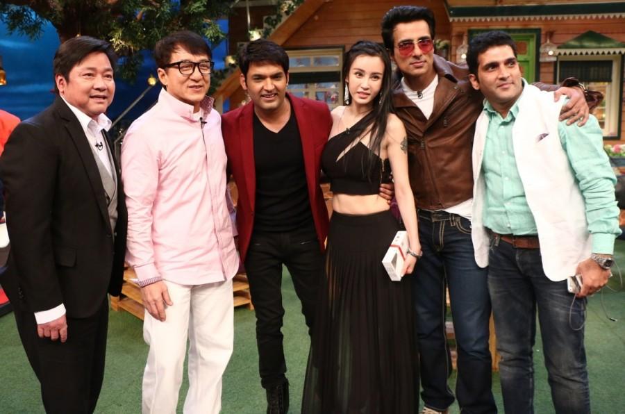 Hollywood actor Miya Muqi, Bollywood actor Amyra Dastur, Hong Kong filmmaker Stanley Tong, Bollywood actor Disha Patani, Hollywood actor Jackie Chan and Bollywood actor Sonu Sood during the promotion of film Kung Fu Yoga on the sets of The Kapil Sharma Show in Mumbai on January 23, 2017. Jackie Chan and Sonu Soon,Jackie Chan,Sonu Soon,Kung Fu Yoga,The Kapil Sharma Show,The Kapil Sharma Show on the sets,Stanley Tong,Disha Patani,Amyra Dastur