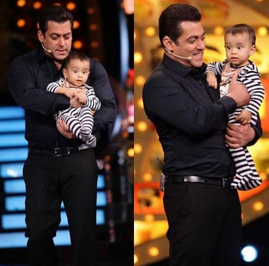 Bollywood actor Salman Khan shares a cute moment with nephew Ahil on the sets of Bigg Boss 10. Bigg Boss 10,Bigg Boss,Salman Khan,Salman Khan with nephew Ahil,nephew Ahil,Weekend Ka Vaar,Arpita Khan,Aayush,Bigg Boss 10 Weekend Ka Vaar