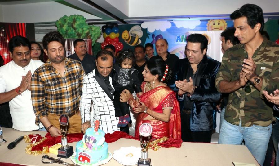 Television actor Shailesh Lodha, Bollywood actors Shekhar Suman, Yogesh Lakhani, CMD, Bright Outdoor Media, with his wife Jagruti Lakhani and son Anugrah Lakhani, actor Govinda and Sonu Sood during the unveiling of 3rd Bright Award Trophy in Mumbai. Govinda,Sonu Sood,Shekhar Suman,Shailesh,Yogesh Lakhani,3rd Bright Award,Peninsula Grand Hotel
