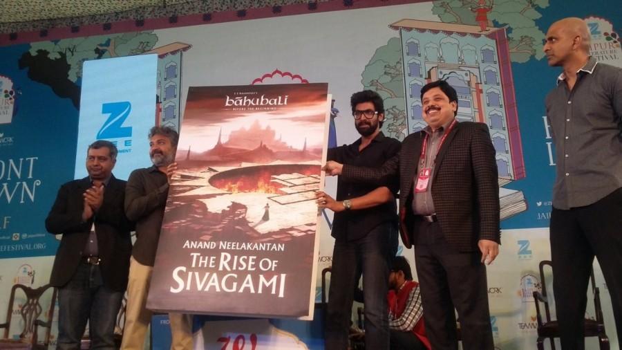 Director SS Rajamouli and Rana Daggubati recently launched the cover of the book titled, 'The Rise of Sivagami,' at the Jaipur Literature Fest on 20th January, 2017. The book is the first of the 'Baahubali: Before the Beginning' trilogy, written by Anand Neelakantan. Baahubali,Baahubali team,The Rise of Sivagami,The Rise of Sivagami novel,Jaipur Literature Fest,Baahubali: The Conclusion