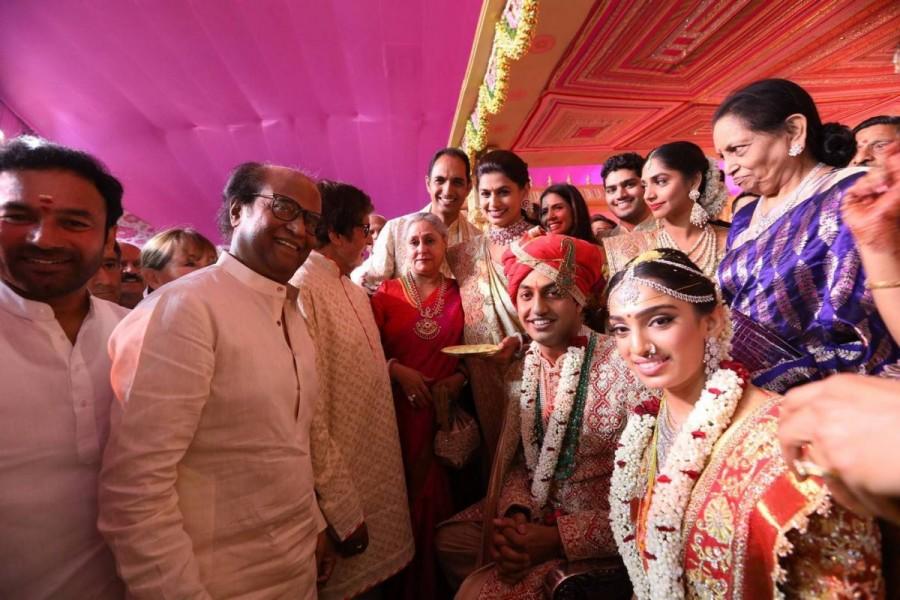 GVK Reddy Grandson Keshav Veena Wedding held on January 29 in Hyderabad. Celebs like Rajinikanth, Amitabh Bachchan, Chiranjeevi, Pawan Kalyan, Allu Arjun, Nandamuri Balakrishna, Vasundhara Devi, P. Chidambaram, Nagarjuna, Amala, Akhil Akkineni, Ranveer Singh, Pinky Reddy, Raveena Tandon, Manish Malhotra, Prasad V. Potluri, Shilpa Shetty Kundra, Jhansi Sureddi, Nirmala Devi, Mohan Babu, Venkaiah Naidu, Viranica Reddy, Brahmanandam and others graced the event. Rajinikanth,Chiranjeevi,Pawan Kalyan,Balakrishna,Amitabh Bachchan,GVK Reddy Grandson Keshav Veena Wedding,Keshav Veena,Keshav and Veena,GVK Reddy Grandson Keshav,Allu Arjun,Nagarjuna,Amala,Akhil Akkineni,Ranveer Singh