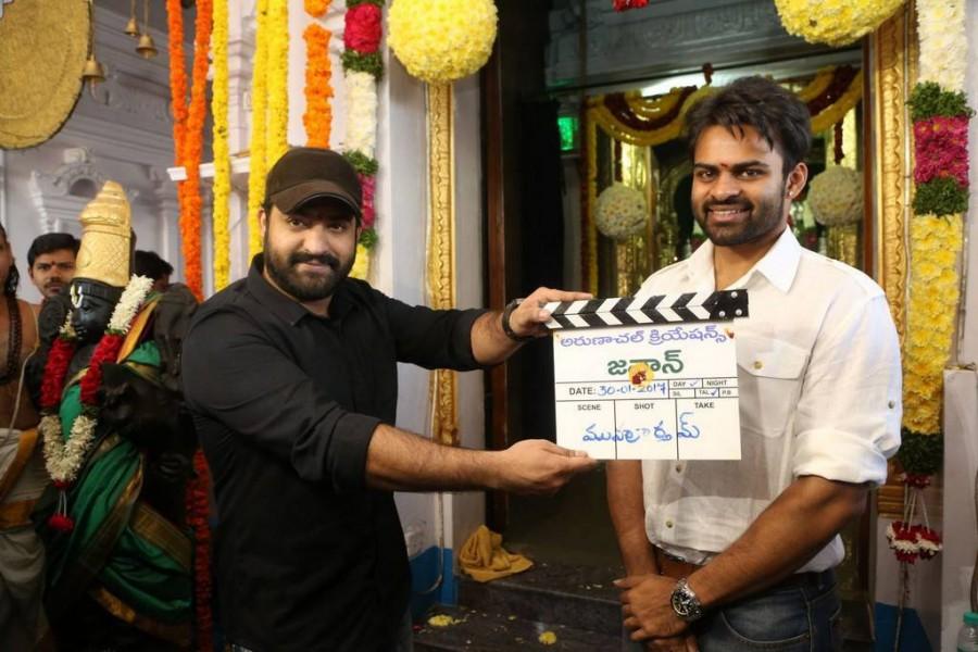 South Indian actor Sai Dharam Tej's new movie Jawaan launched in Hyderabad. Celebs like Jr NTR, VV Vinayak, BVS Ravi, Krishna, Harish Shankar, Gopichand Malineni, Koratala Siva, BVSN Prasad, SS Thaman, Suresh Kondeti, KS Rama Rao and others graced the event. Jr NTR,Sai Dharam Tej,Jawaan movie launch,Jawaan,Jawaan movie launch pics,Jawaan movie launch images,Jawaan movie launch photos,Jawaan movie launch stills,Jawaan movie launch pictures,N. T. Rama Rao Jr.