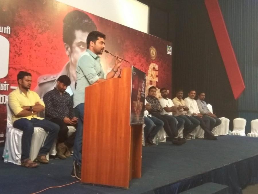 Tamil movie Singam 3 (S3, C3, Si3) press meet event held at Chennai. Celebs like Suriya, Hari, Soori, Harris Jayaraj, Priyan, KE Gnanavel Raja, Rajasekar Pandian, Viveka, Kanal Kannan and others graced the event. Suriya,Hari,Soori,S3,C3,Si3,Singam 3,Singam 3 press meet,Singam 3 press meet pics,Singam 3 press meet images,Singam 3 press meet photos,Singam 3 press meet stills,Singam 3 press meet pictures