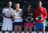 Abigail Spears of the U.S. and Colombia's Juan Sebastian Cabal pose with their trophy after winning their Mixed doubles final match against India's Sania Mirza and Croatia's Ivan Dodig.