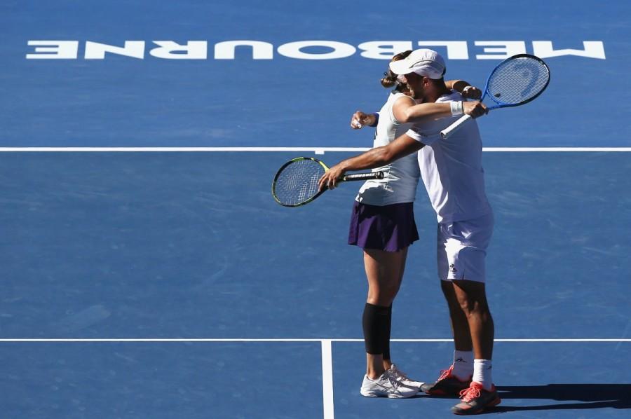 Abigail Spears of the U.S. and Colombia's Juan Sebastian Cabal celebrate winning their Mixed doubles final match against India's Sania Mirza and Croatia's Ivan Dodig. Australian Open,Australian Open 2017,Abigail Spears-Jan Sebastian Cabal,Abigail Spears,Jan Sebastian Cabal,Saina Mirza-Ivan Dodig,Saina Mirza,Ivan Dodig,mixed doubles final