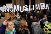 Demonstrators spell out "# No Muslim Ban" during the "Boston Protest Against Muslim Ban and Anti-Immigration Orders" to protest U.S. President Donald Trump's executive order travel ban in Boston.