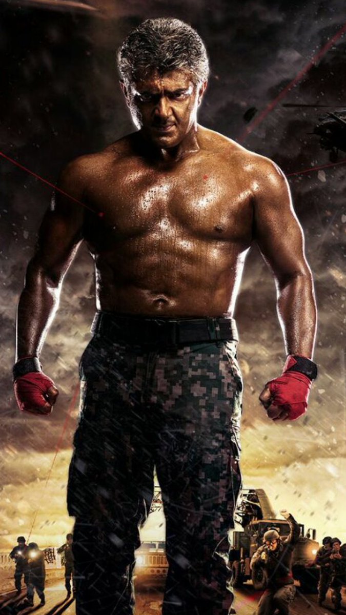 The poster features a shirtless Ajith, in an awe-inspiring chiseled avatar, surrounded by soldiers and choppers in the background. "Vivegama stars Ajith as an Interpol agent while Kajal Aggarwal and Akshara Haasan will be seen in pivotal roles. Thala 57,Ajith 57,AK 57,Vivegam,Vivegam first look,Vivegam first look poster,Vivegam poster,Vivegam movie poster,Ajith Kumar,Thala Ajith