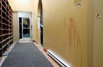 Bloodstains and bullet holes are pictured inside the Quebec Islamic Cultural Centre in Quebec City, January 31, 2017.