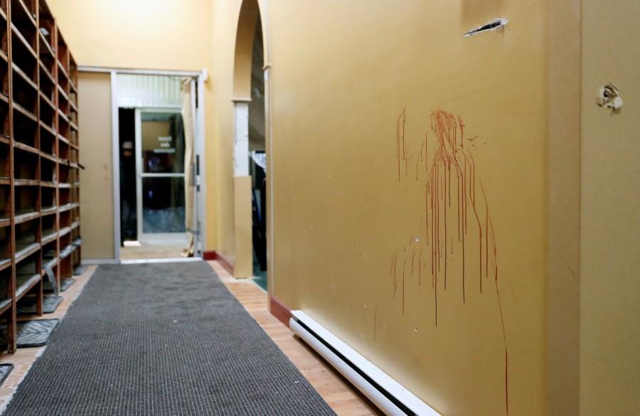 Bloodstains and bullet holes are pictured inside the Quebec Islamic Cultural Centre in Quebec City, January 31, 2017. Grim,Grim aftermath,Quebec mosque,Haunting images,Haunting pics,Haunting photos,Centre Culturel Islamique,evening prayers