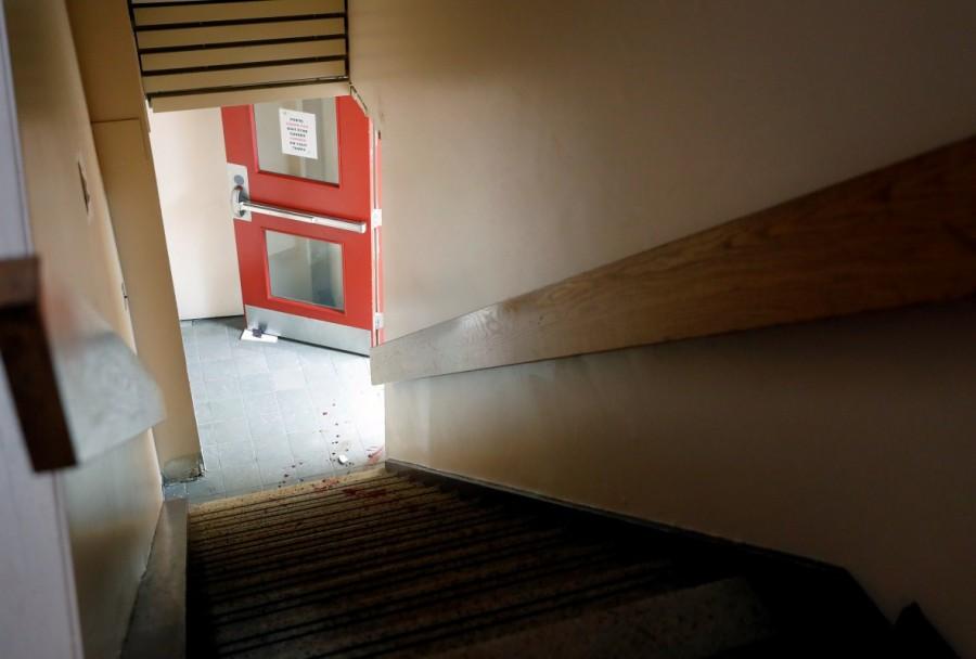 Blood is seen on the stairs of the Quebec Islamic Cultural Centre in Quebec City, January 31, 2017. Grim,Grim aftermath,Quebec mosque,Haunting images,Haunting pics,Haunting photos,Centre Culturel Islamique,evening prayers