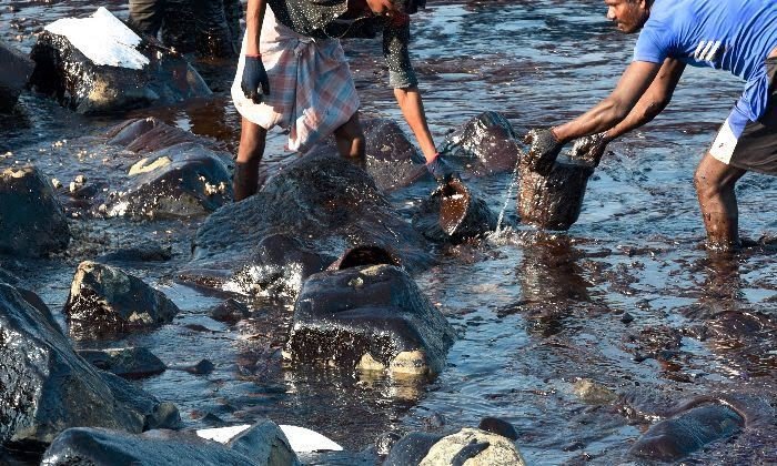 Over 20 tonnes of thick oil powering oil tanker MT Dawn Kanchipuram has spilled into the Bay of Bengal, affecting the marine life and a long stretch of shoreline, the Indian Coast Guard said on Tuesday. Chennai oil spill,ship collision,oil powering oil tanker,Chennai oil spill pics,Chennai oil spill images,Chennai oil spill photos,Chennai oil spill stills,Chennai oil spill pictures