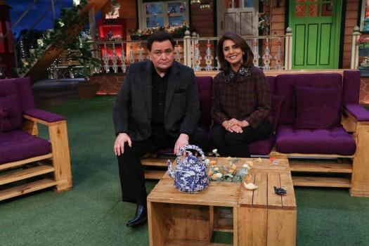 Bollywood actor Rishi Kapoor and Neetu Singh during the promotion of his autobiography, Khullam Khulla: Rishi Kapoor Uncensored on the sets of The Kapil Sharma Show in Mumbai on February 7, 2017.