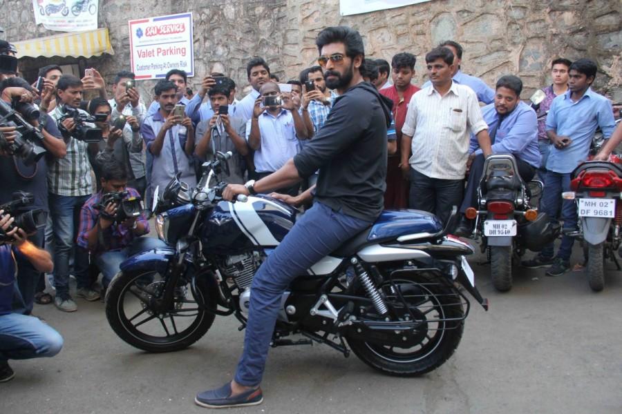 Rana Daggubati who will next be seen in an upcoming flick 'The Ghazi Attack bought a piece of history the Bajaj V bike as a memory from the film The Ghazi Attack which is inspired by true events. Rana Daggubati,actor Rana Daggubati,Baja V bike,Baja V,The Ghazi Attack,The Ghazi Attack promotion,The Ghazi Attack movie promotion,The Ghazi Attack promotion pics,The Ghazi Attack promotion images,The Ghazi Attack promotion photos,The Ghazi Attack promot